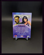 Rückseite einer Marvel Trading Card mit Wolverine und X-23, auf Ständer, Comic-Motiv