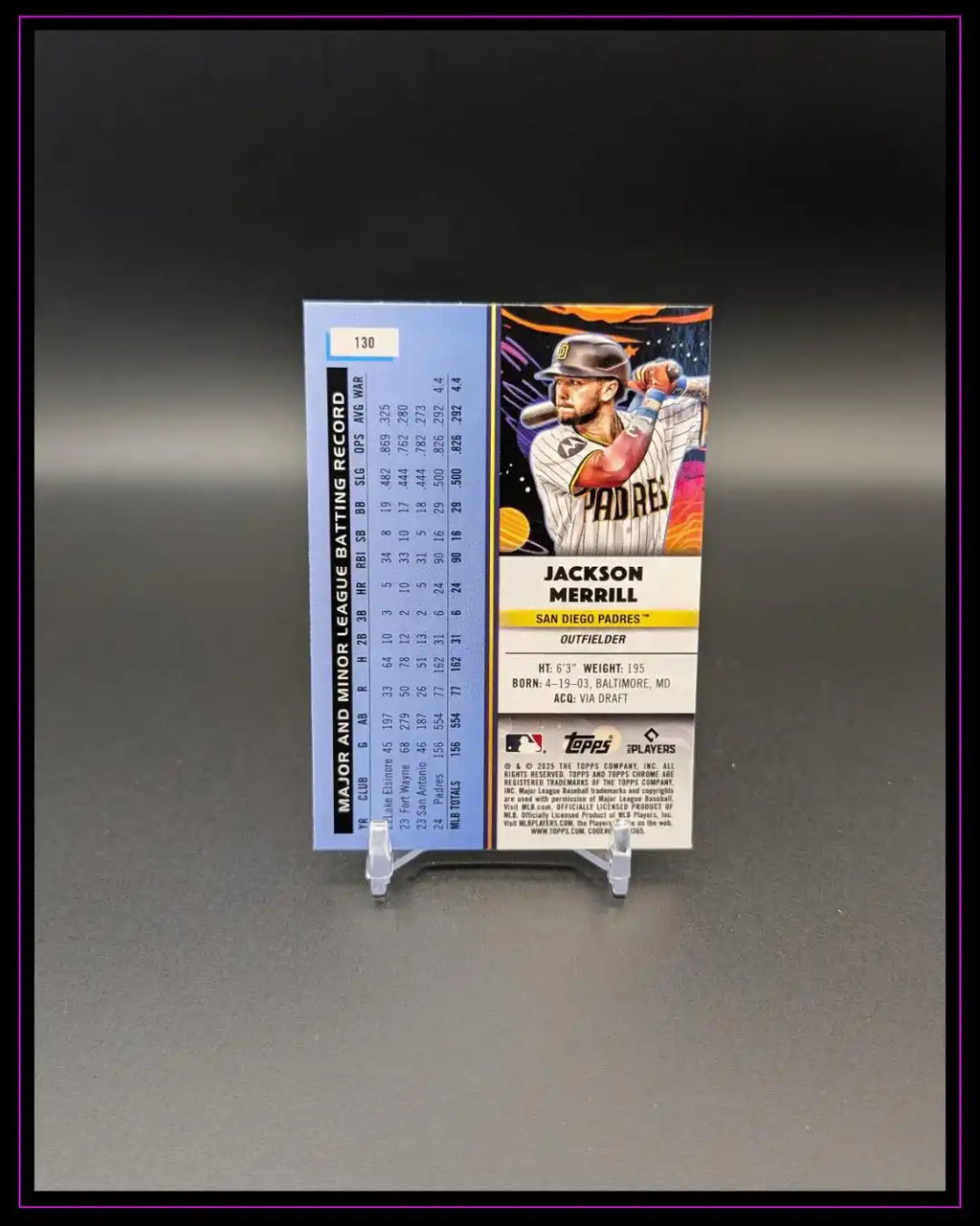 Baseball-Sammelkarte Jackson Merrill San Diego Padres mit Statistiken und Spielerinfos