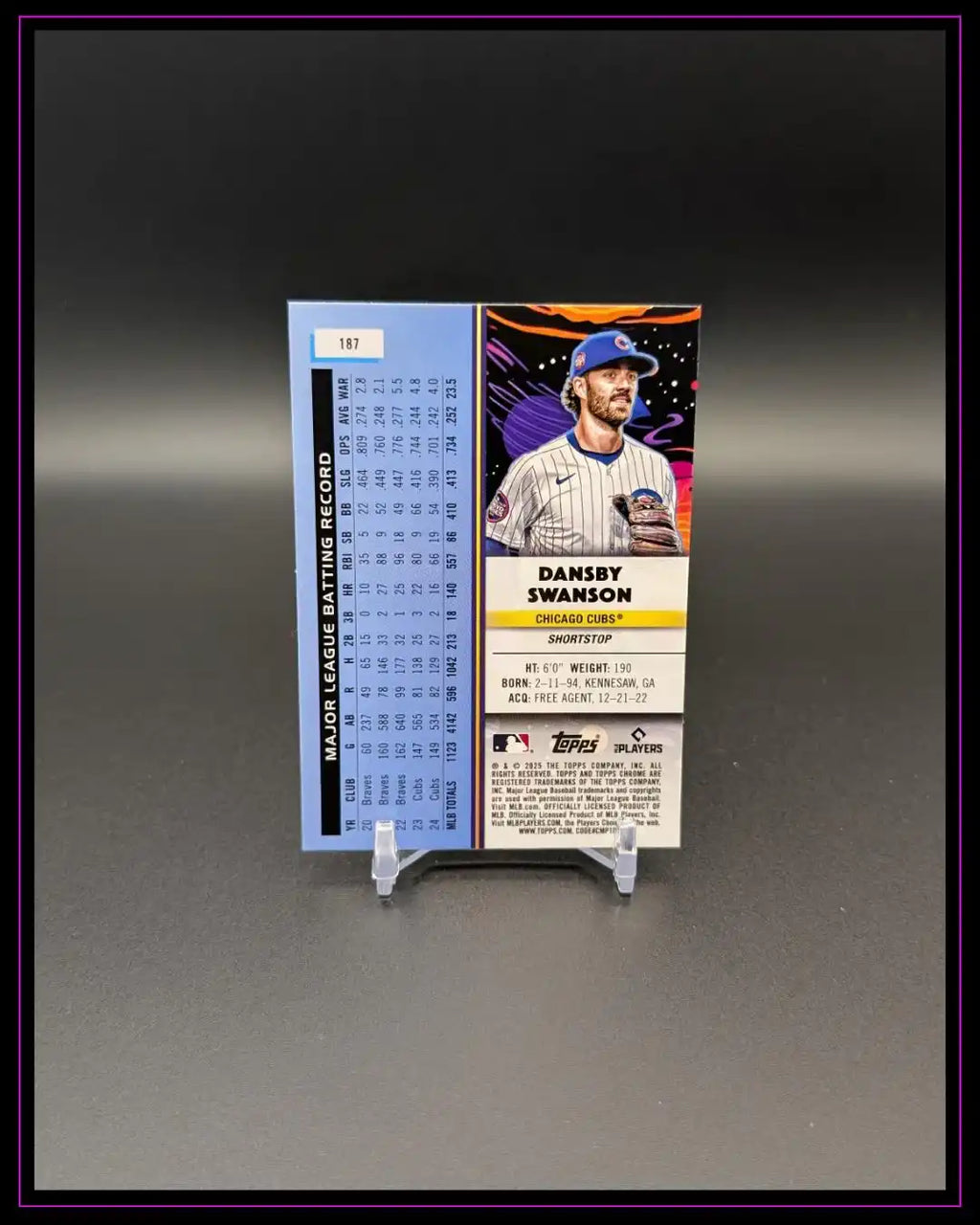 Baseball-Sammelkarte von Dansby Swanson, Chicago Cubs, auf schwarzem Hintergrund, Rückseite mit Statistiken.