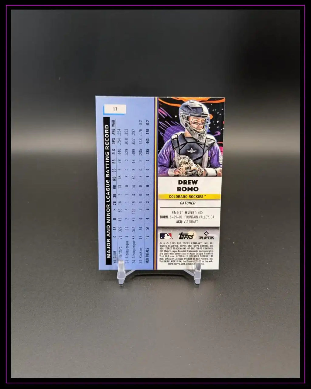 Baseball Trading Card Rückseite, Spieler Drew Romo, Colorado Rockies, Statistiken und Infos sichtbar
