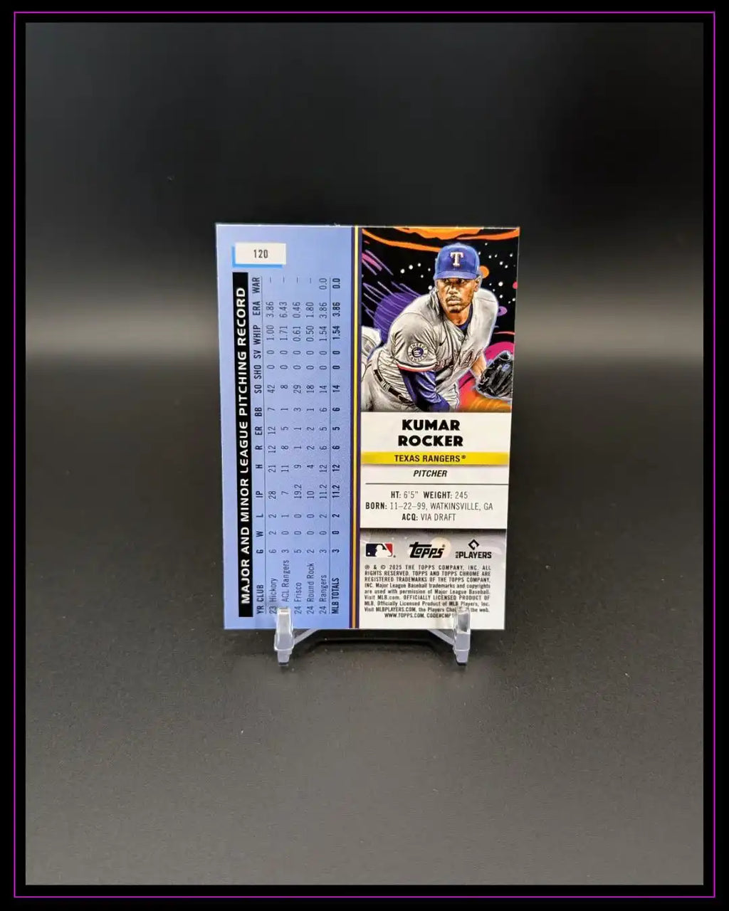 Baseball Trading Card von Kumar Rocker, Texas Rangers Pitcher, Rückseite mit Statistiken.