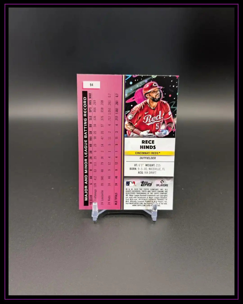 Baseball Trading Card Rückseite von Rece Hinds, Cincinnati Reds, mit Statistik und Porträtfoto.