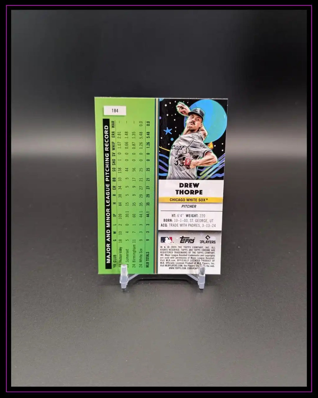 Baseball-Trading-Card Drew Thorpe Rückseite mit Spielerstatistiken und farbigem Design