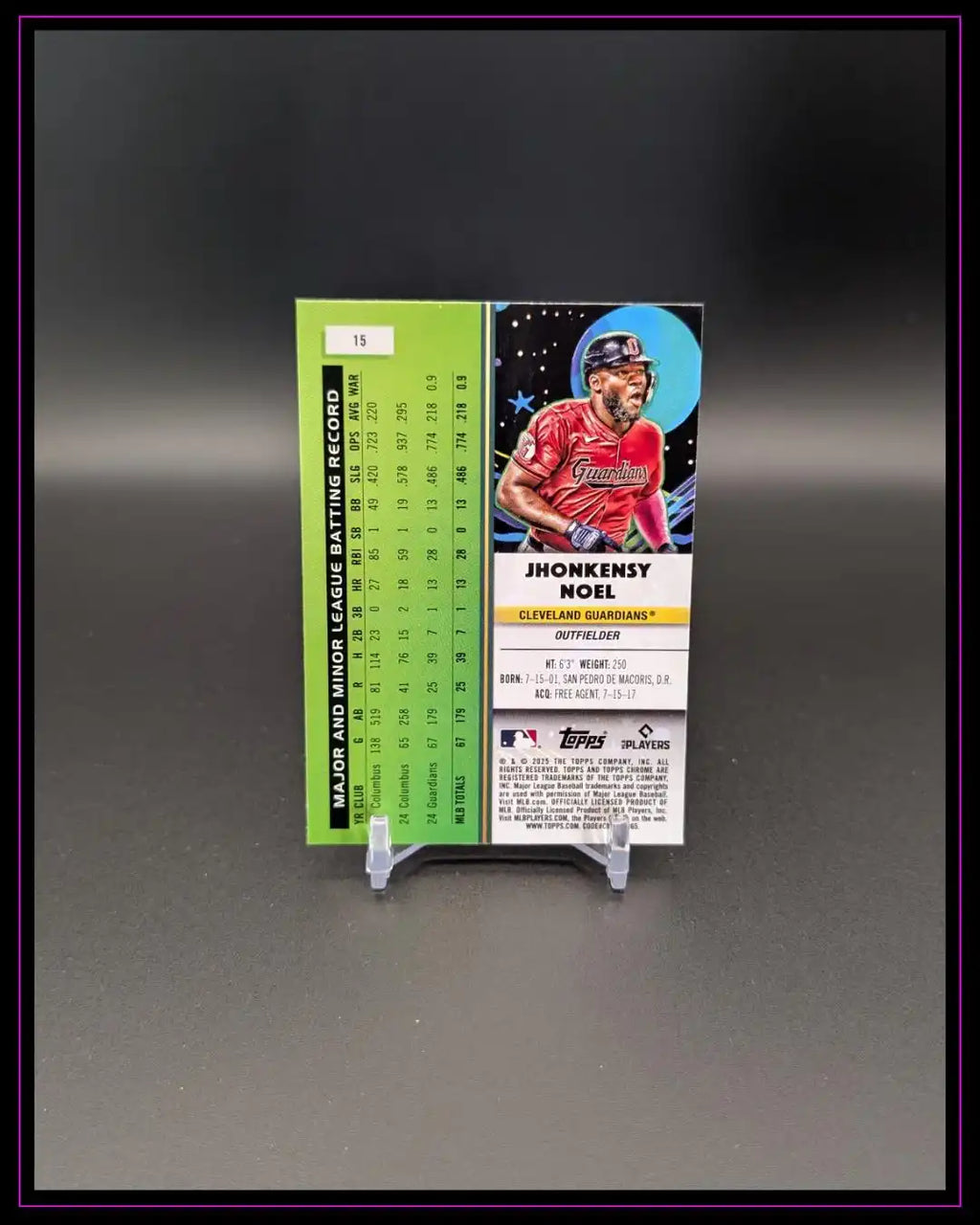 Baseball Trading Card Rückseite mit Jhonkensy Noel, Statistik und Teaminfos, Sportkarten