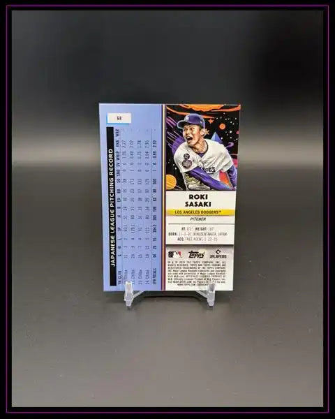 Roki Sasaki Baseball Trading Card Rückseite mit Statistiken und Dodgers Design auf Ständer