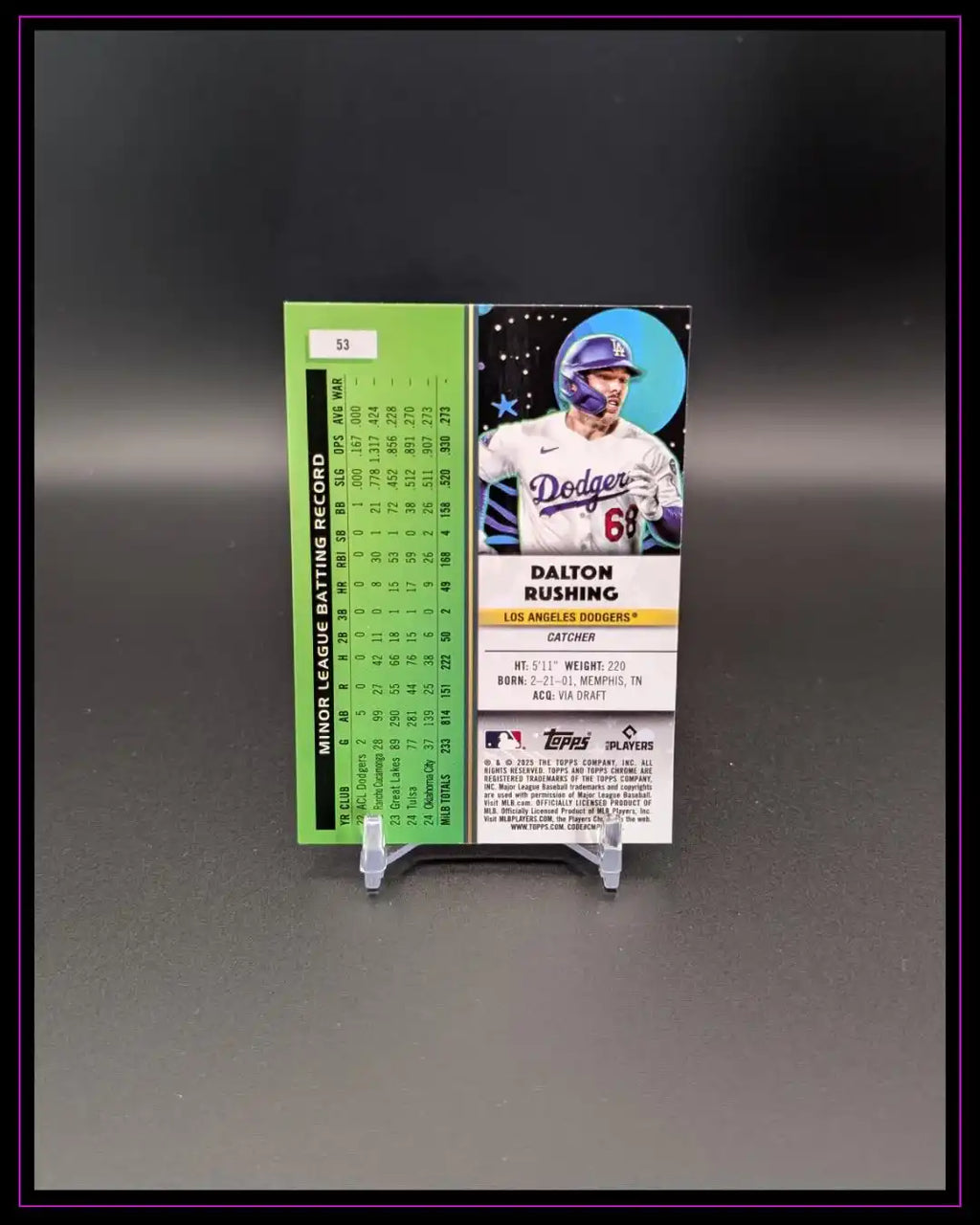 Baseball Sammelkarte Dalton Rushing Los Angeles Dodgers, Rückseite mit Statistiken