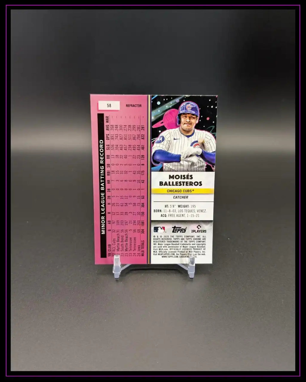 Baseball Trading Card Rückseite mit Spieler Moisés Ballesteros, Statistiken und Chicago Cubs Logo
