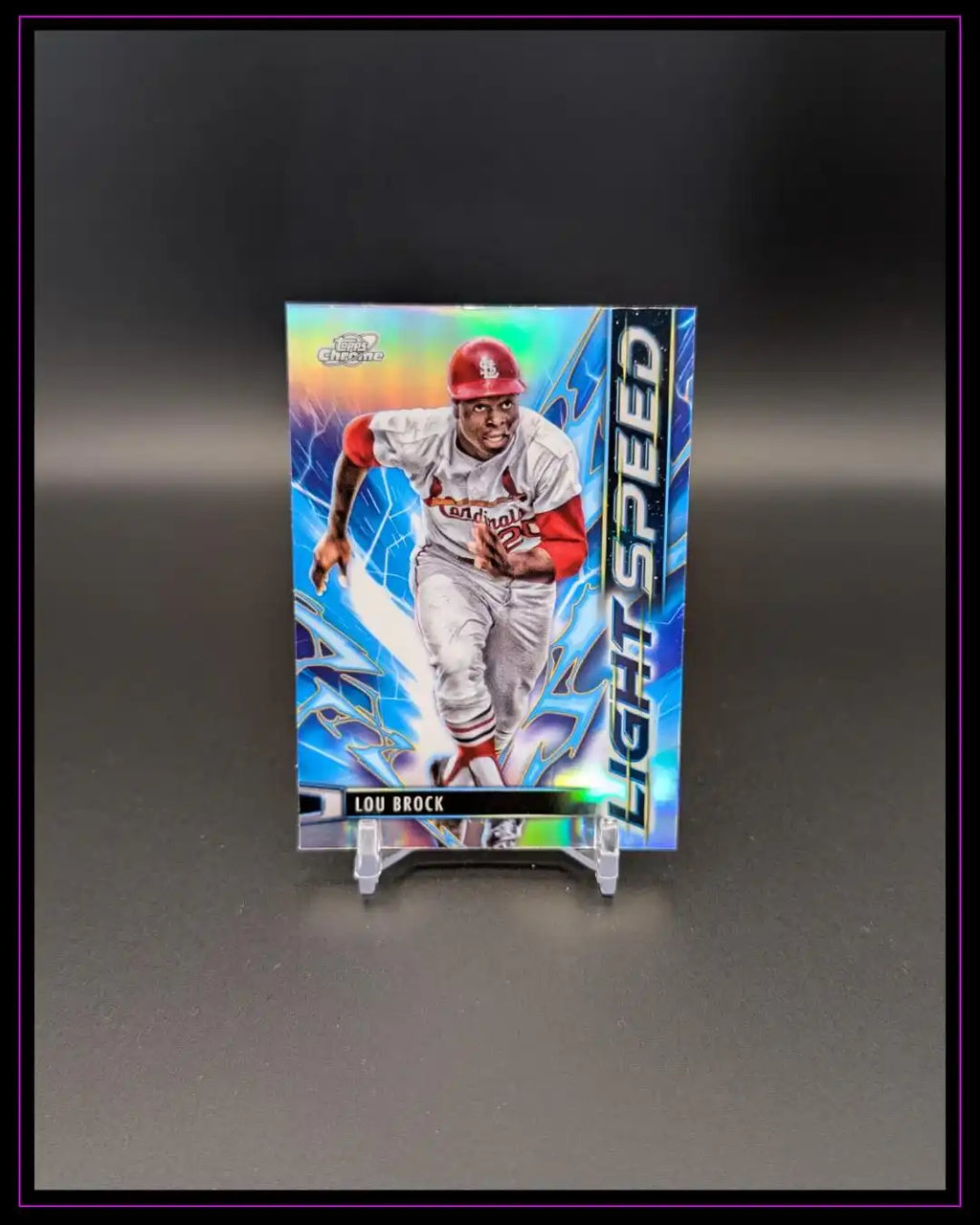 Baseball Trading Card Lou Brock LIGHTSPEED, glänzend, Sammelkarte auf Ständer