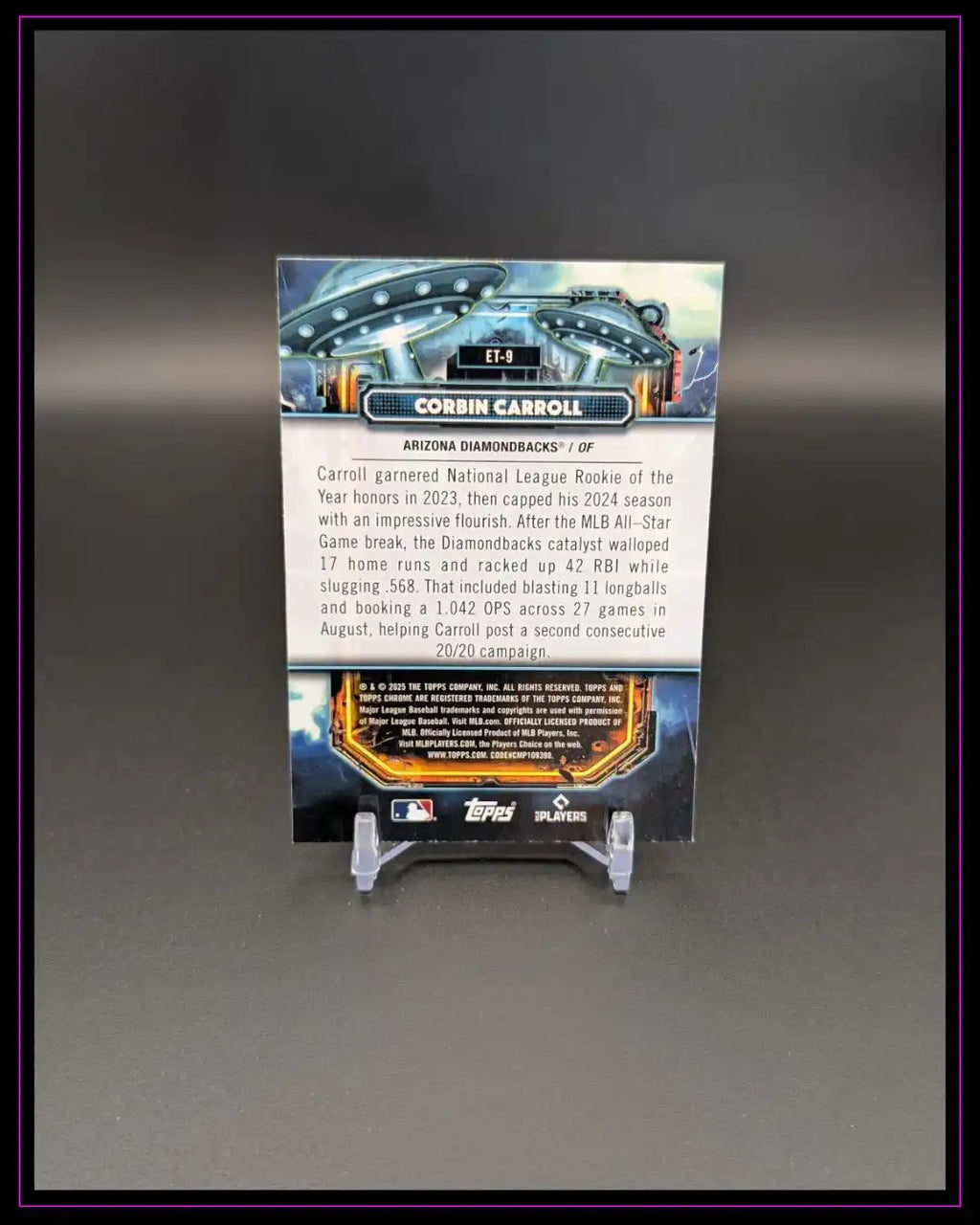 Rückseite einer Corbin Carroll Baseball Trading Card mit Statistiken und Beschreibung.