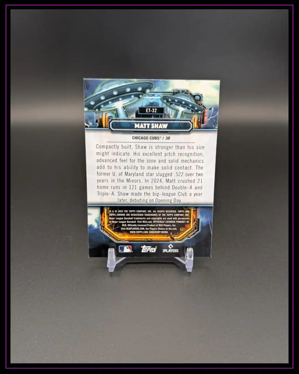 Rückseite einer Matt Shaw Topps Trading Card, Textinfos und Baseball-Design, auf Kartenständer