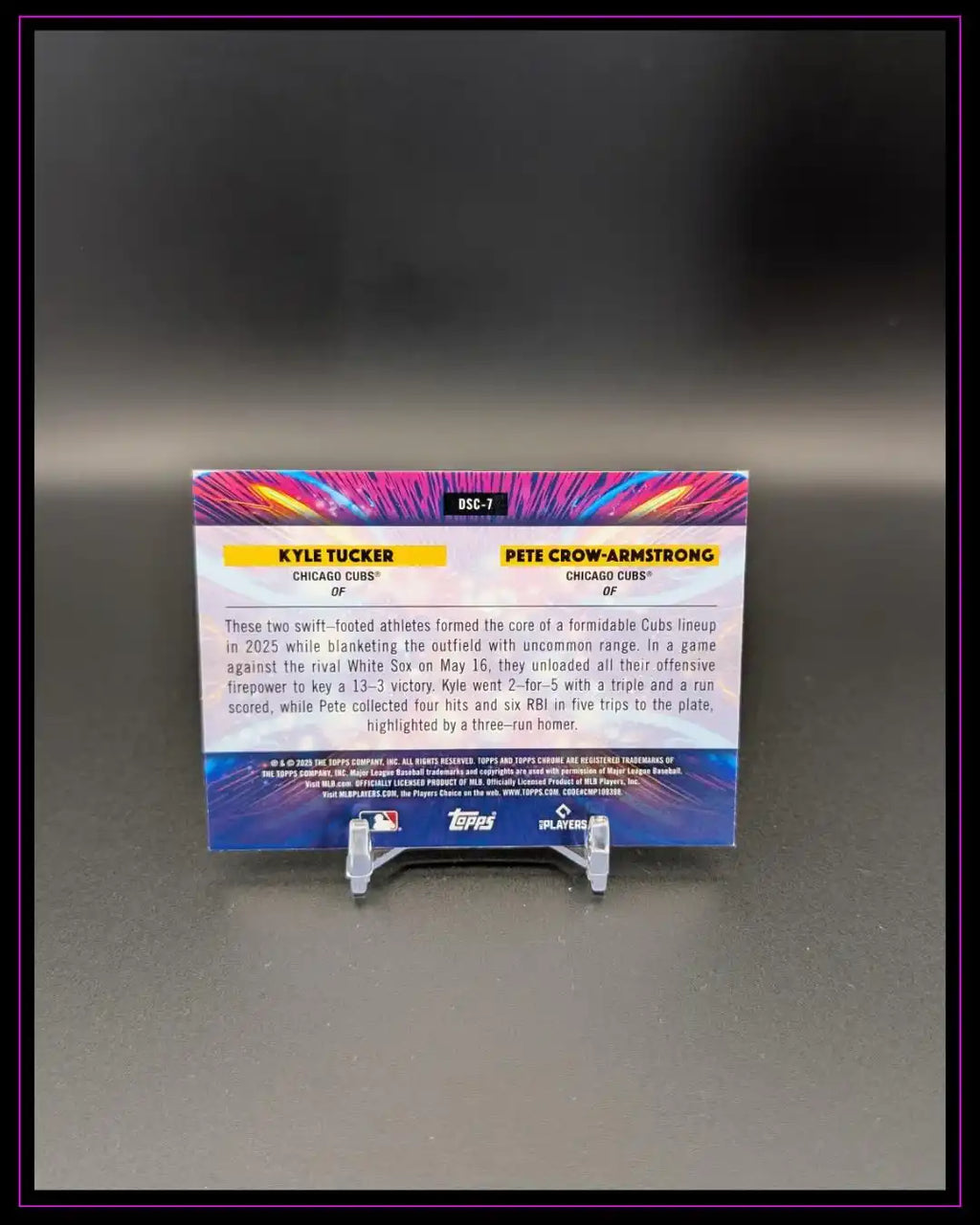 Rückseite einer Baseball Trading Card mit Infos zu Kyle Tucker und Pete Crow-Armstrong, klare Schrift, bunte Farbdetails, Kartenständer, neutraler Hintergrund.