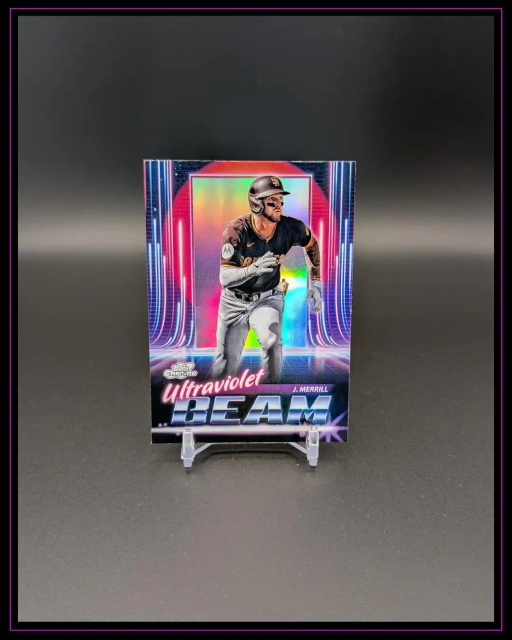 Baseball Trading Card J. Merrill Ultraviolet Beam mit Neon-Design auf schwarzem Hintergrund