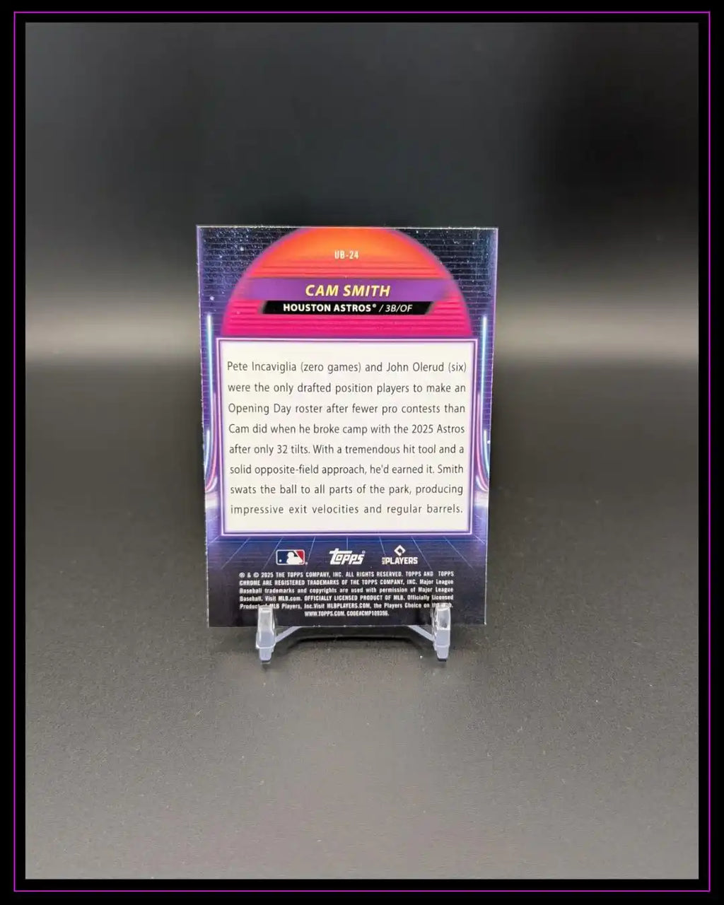 Rückseite einer Cam Smith Houston Astros Baseball Trading Card auf schwarzem Hintergrund, klar lesbarer Text, Sammlerstück.