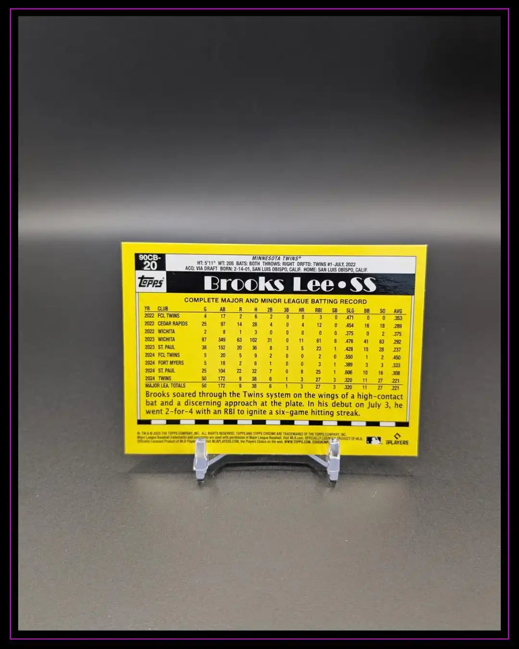 Baseball Trading Card Rückseite mit Statistik und Spielerinfos, gelbes Design auf Kartenständer