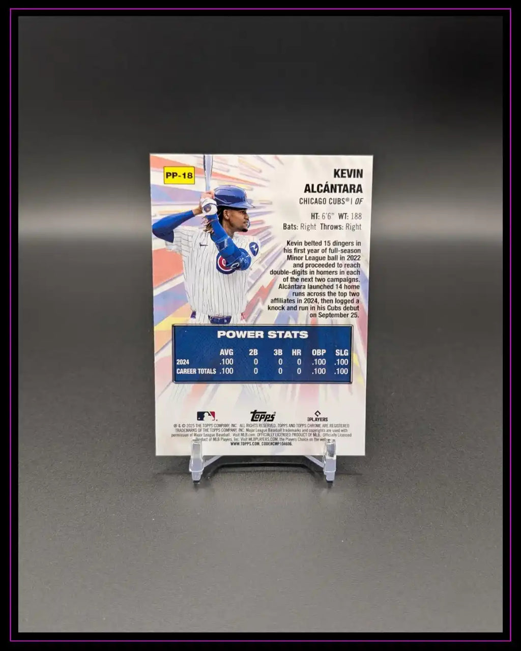 Baseball-Sammelkarte von Kevin Alcántara Chicago Cubs Rückseite mit Statistiken