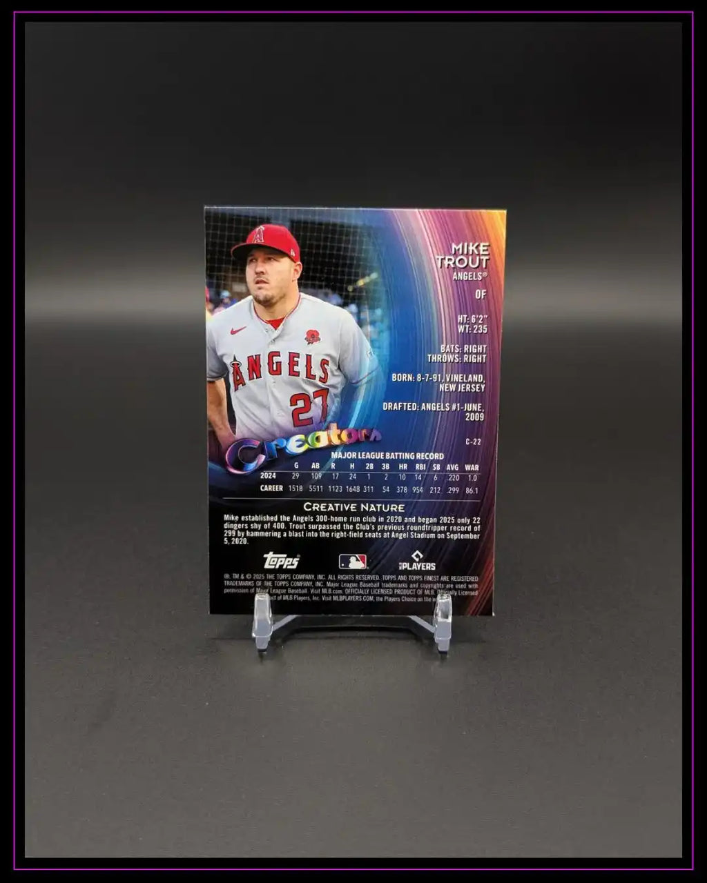 Rückseite einer Baseball Trading Card mit Spielerfoto, Statistiken und farbigem Design auf Ständer.