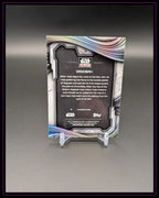 Rückseite einer Star Wars Galaxy Sammelkarte auf Ständer, Text zu Dagobah, Refractor Edition