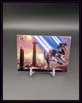 Star Wars Galaxy Sammelkarte mit Raumschiff und futuristischer Stadt, Trading Card auf Ständer