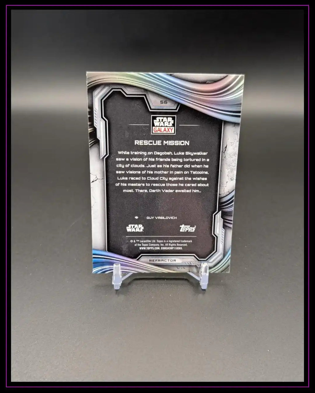 Rückseite einer Star Wars Galaxy Trading Card mit Text zur Rescue Mission, silberfarbener Rahmen, Sammlerstück