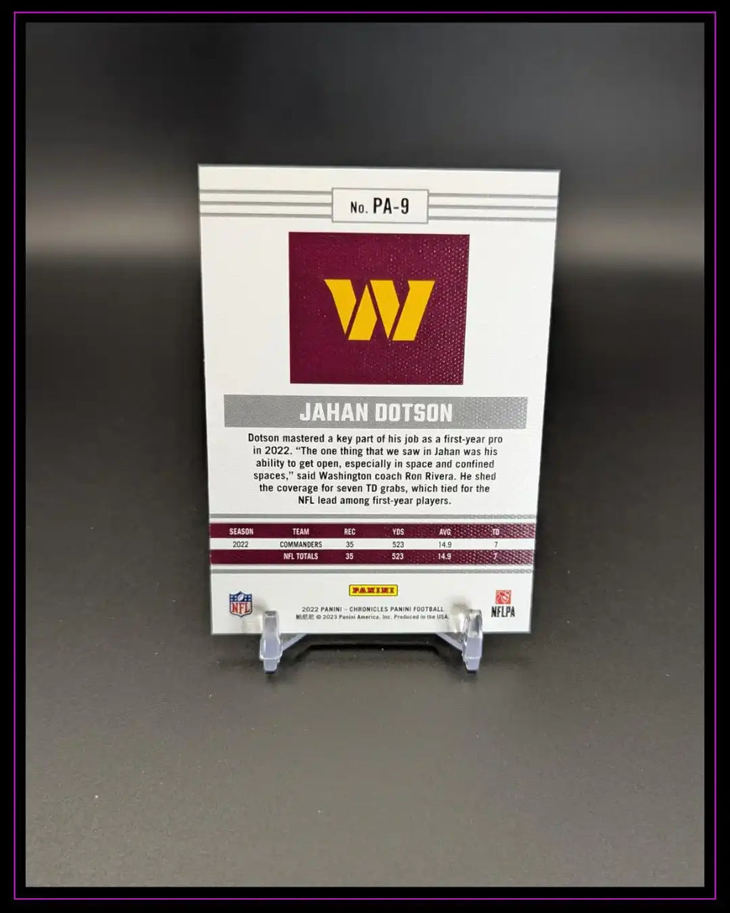 Rückseite einer Football Trading Card Jahan Dotson, Washington Commanders, Panini 2022