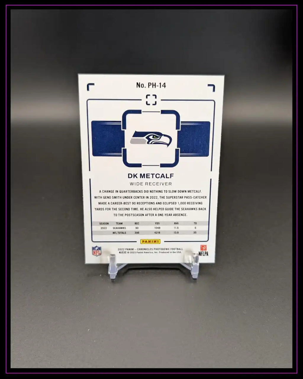 Panini NFL Trading Card Rückseite DK Metcalf Seattle Seahawks, auf Kartenständer