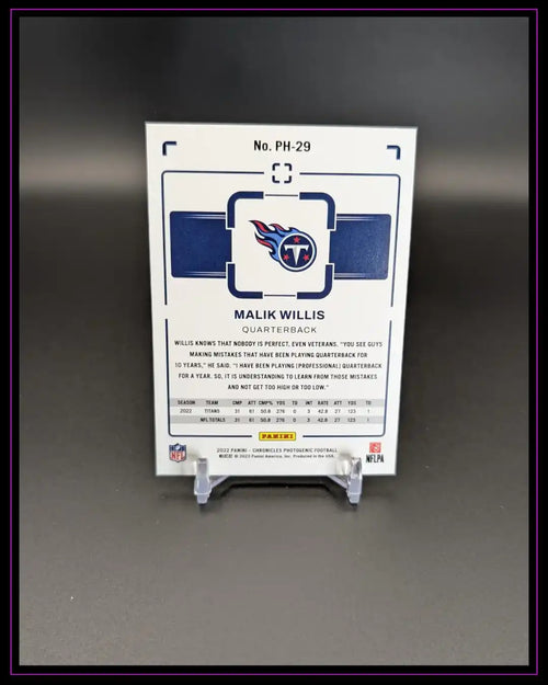 Rückseite einer Malik Willis NFL Trading Card mit Statistiken, Titans-Logo und Beschreibung.