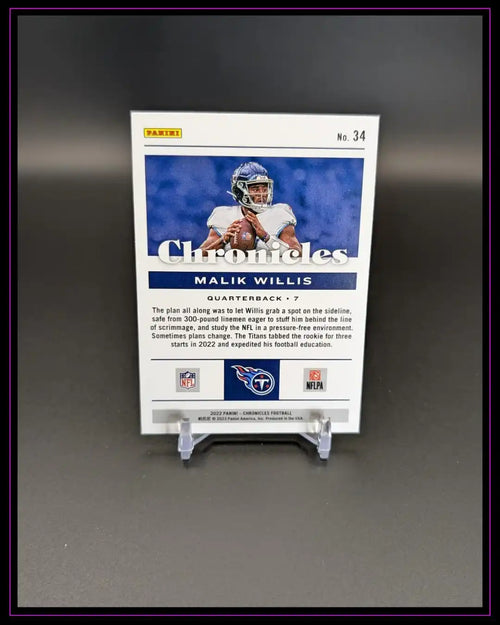 Rückseite einer NFL Trading Card mit Malik Willis, Titans-Logo und Chronicles-Design.