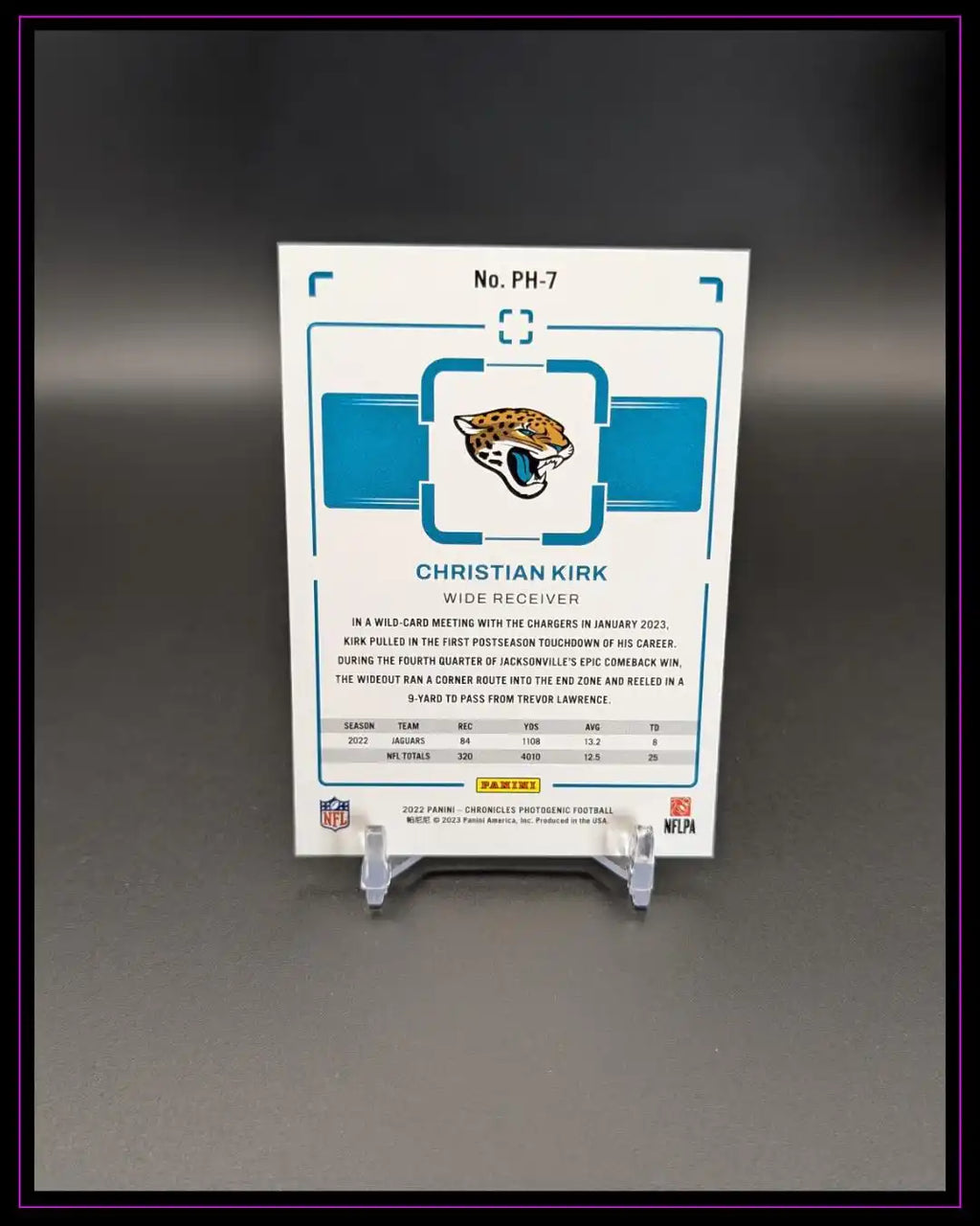 Rückseite einer NFL Trading Card von Christian Kirk, Jacksonville Jaguars, auf Ständer.