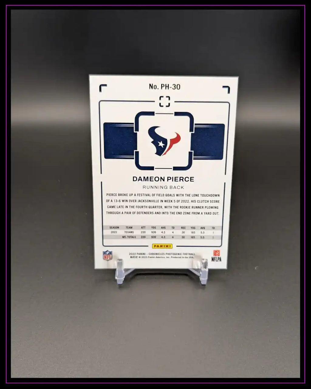 Rückseite einer NFL Dameon Pierce Trading Card der Houston Texans auf Kartenständer