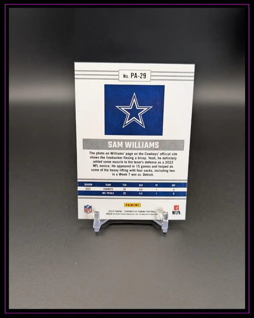 Rückseite einer NFL Trading Card von Sam Williams, Cowboys, mit Statistiken und Panini Logo