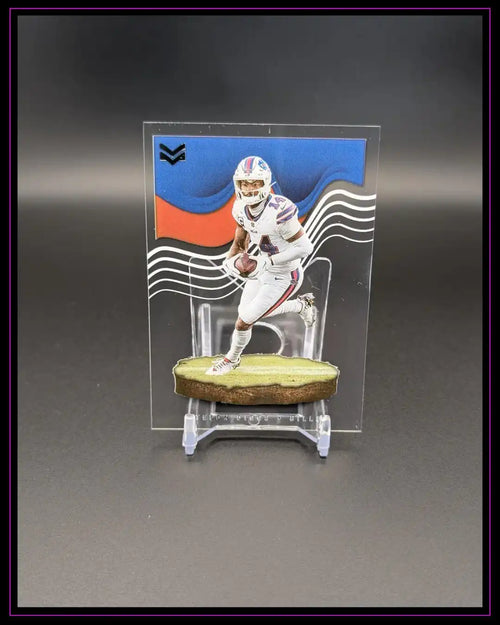 American Football Trading Card mit Spieler in weißer Uniform und farbigem Hintergrund auf Ständer