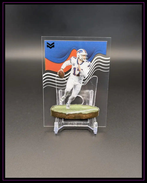 Amerikanische Football-Trading Card mit Quarterback im weißen Trikot, moderne Design-Elemente.