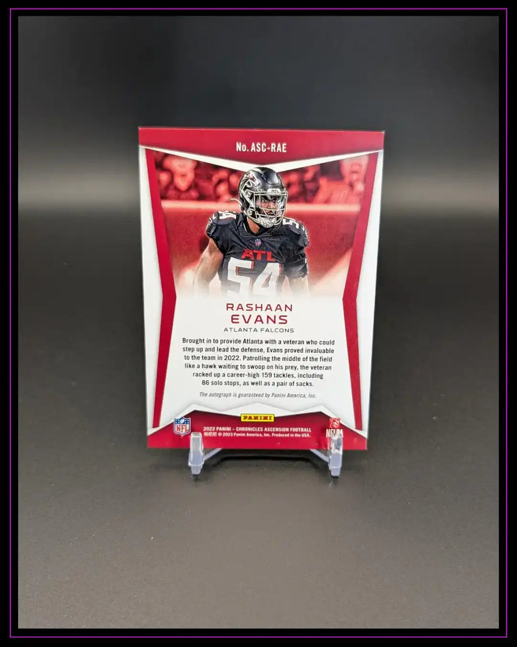 Rashaan Evans Atlanta Falcons Trading Card Rückseite, Panini NFL Sammlerkarte