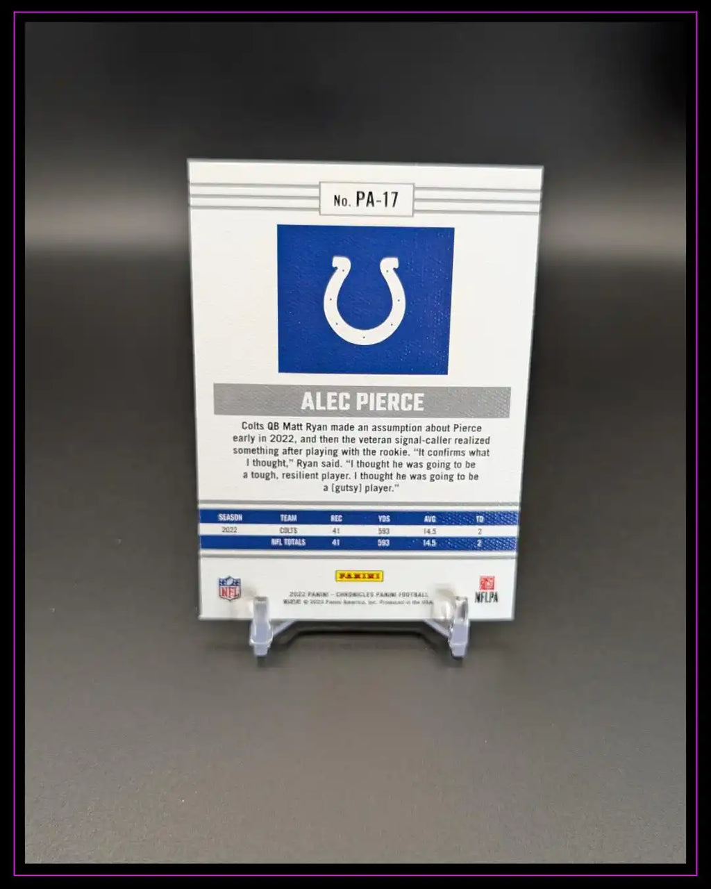 Rückseite einer Alec Pierce NFL Trading Card mit Colts-Logo und Spielerstatistiken.