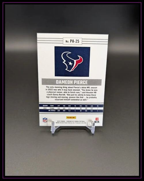 Rückseite einer NFL Trading Card von Dameon Pierce, Houston Texans, mit Statistiken und Logo.