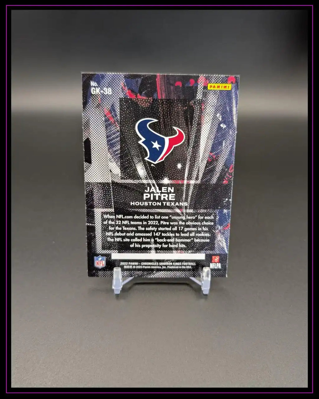 Rückseite einer Jalen Pitre Houston Texans NFL Trading Card auf Kartenhalter, Panini Football Sammlerkarte