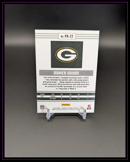 Rückseite einer NFL Trading Card von Panini, Green Bay Packers, auf Kartenständer.
