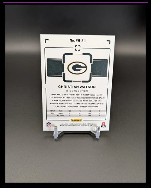 Rückseite einer Panini Trading Card von Christian Watson, NFL, Statistikdaten und Packers-Logo