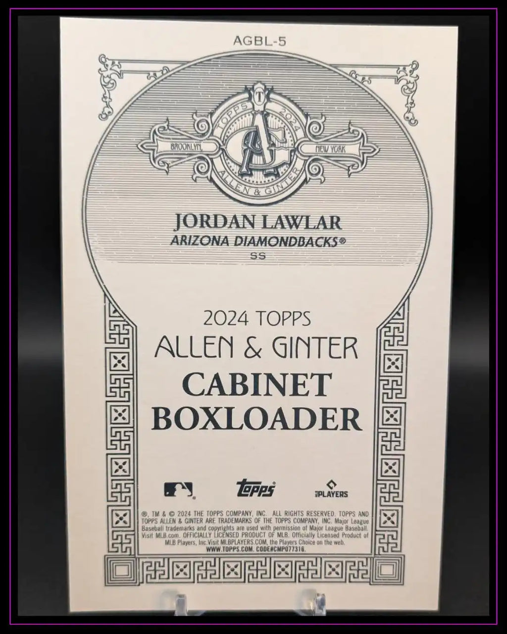 Rückseite einer 2024 Topps Allen & Ginter Cabinet Boxloader Jordan Lawlar Baseball-Sammelkarte