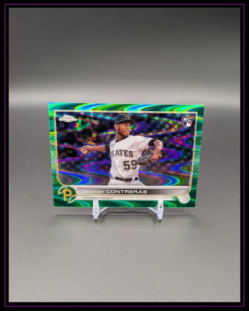 Glänzende Roansy Contreras Baseball-Trading Card mit grünem Holo-Design, Pittsburgh Pirates