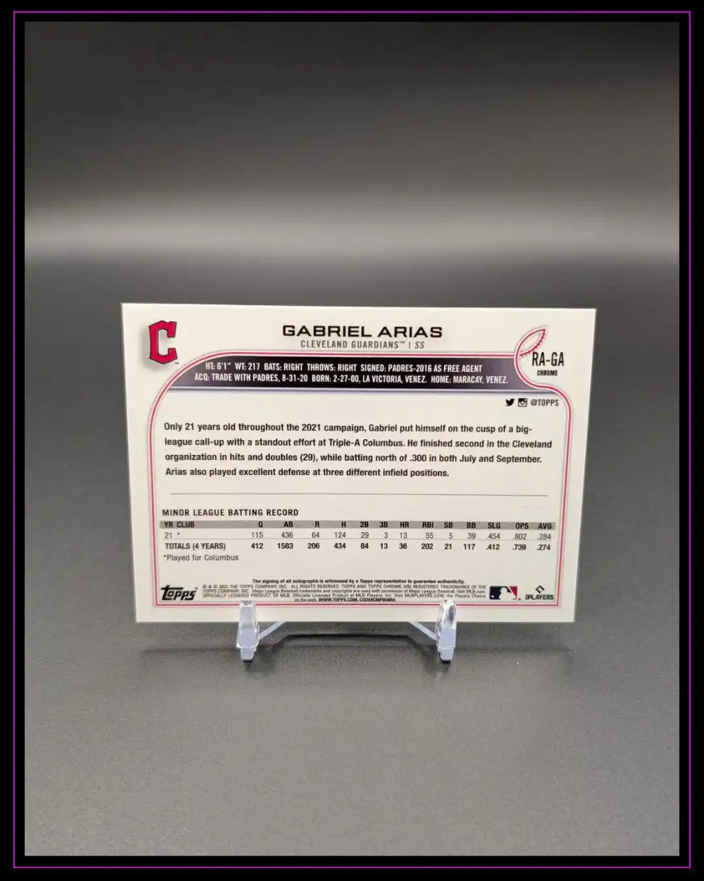 Rückseite einer Baseball Trading Card von Gabriel Arias, Statistik und Steckbrief sichtbar
