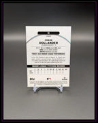 Rückseite einer Chase Dollander Baseball Trading Card mit Statistiken und Kurzbiografie.