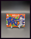 Baseball-Sammelkarte mit Spieler in Uniform, bunte Graffiti-Grafik im Hintergrund