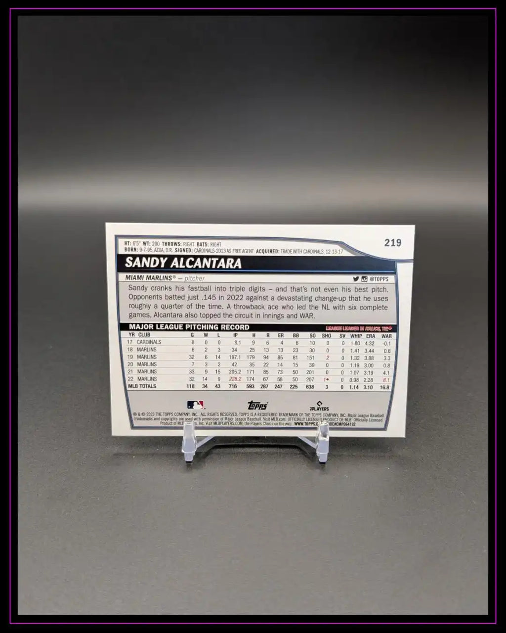 Rückseite einer Sandy Alcantara Baseball Trading Card mit Statistiken und Biografie, auf Kartenständer