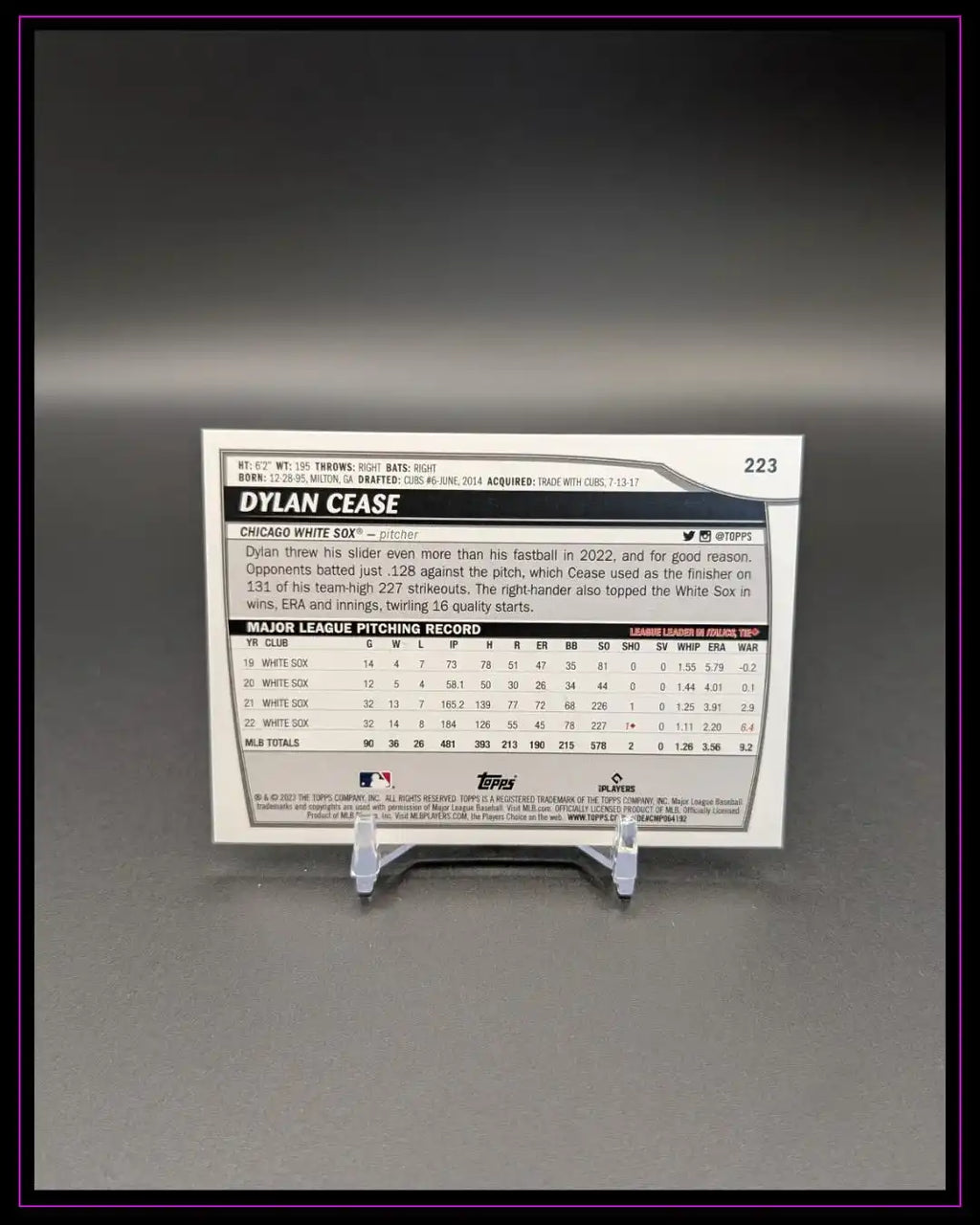 Rückseite einer Dylan Cease Baseball Trading Card mit Statistiken und Beschreibung auf Ständer