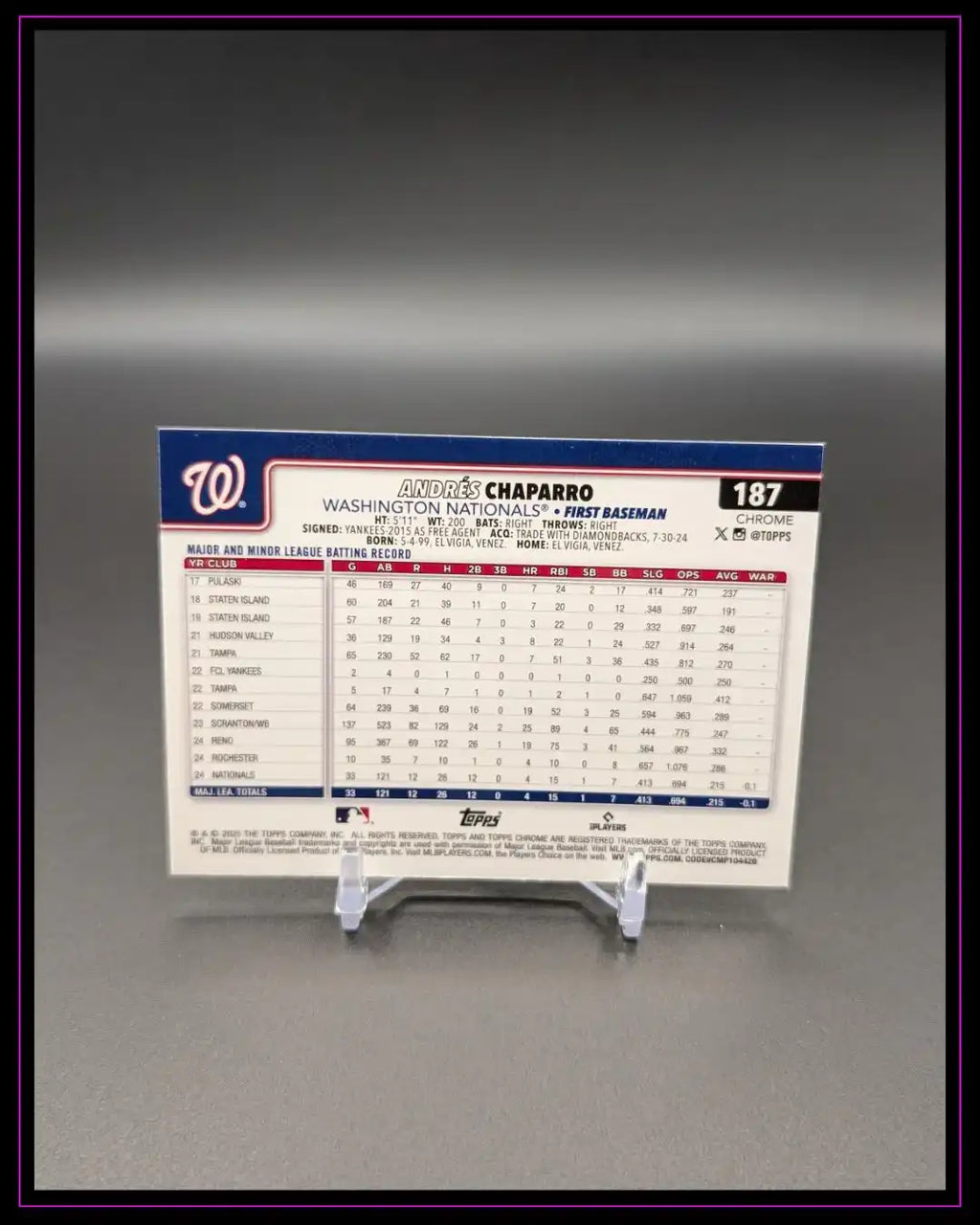 Rückseite einer Baseball Trading Card von Andrés Chaparro, Statistiken, Washington Nationals.