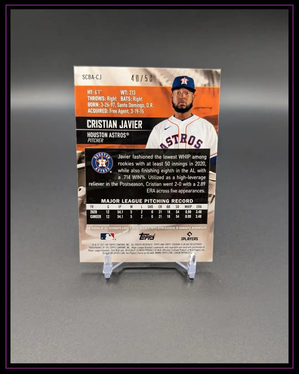 Baseball Trading Card Rückseite von Cristian Javier Houston Astros, mit Spielerinfos und Statistiken.