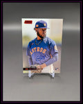 Baseball-Trading-Card mit Houston Astros Spieler im blauen Trikot, Autogramm sichtbar.