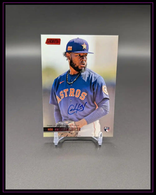 Baseball-Trading-Card mit Houston Astros Spieler im blauen Trikot, Autogramm sichtbar.