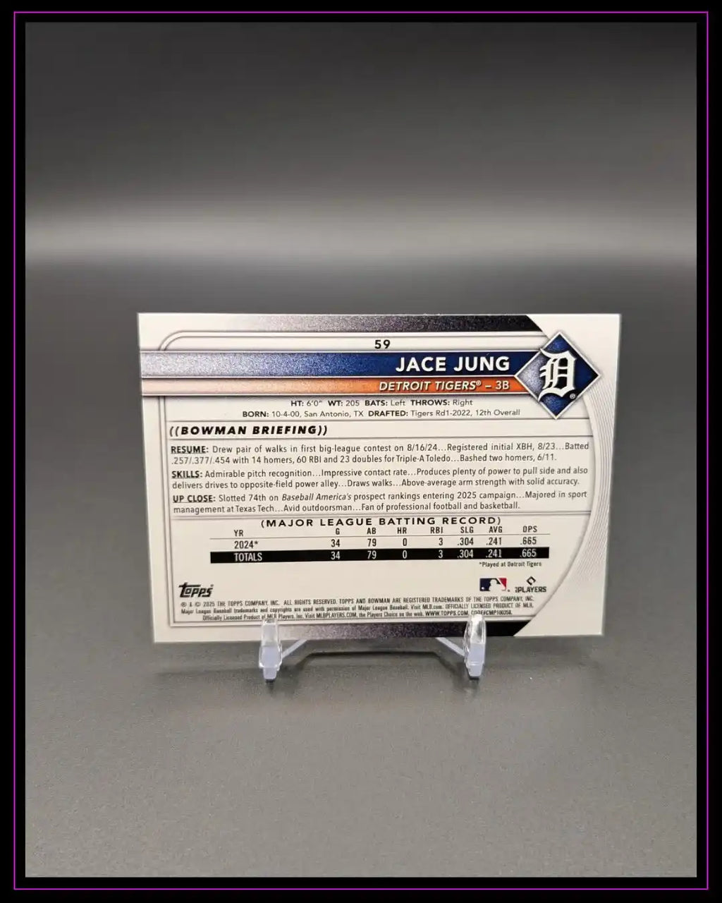 Rückseite einer Jace Jung Baseball Trading Card der Detroit Tigers, auf Kartenständer, mit Statistiken und Spielerinformationen, grauer Hintergrund.